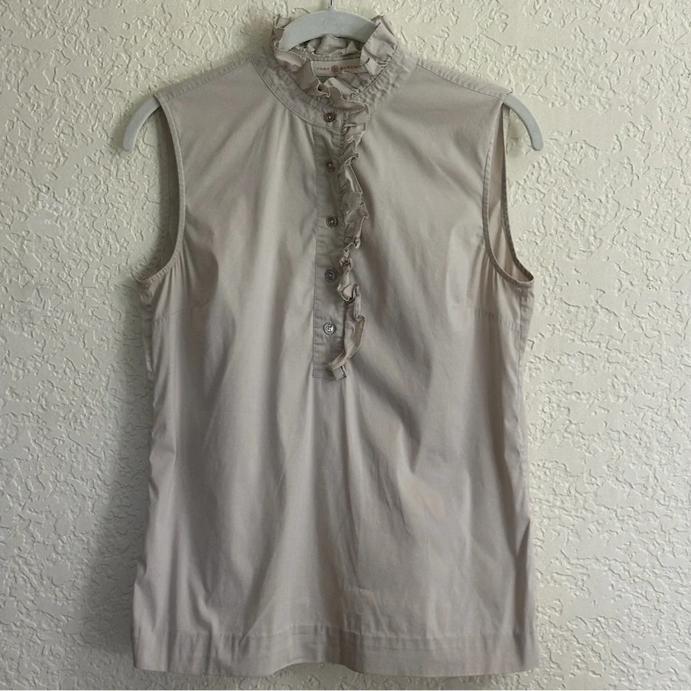 Tory Burch Light Tan Beige‎ Size 2 Ruffle Neck Sleeveless Blouse